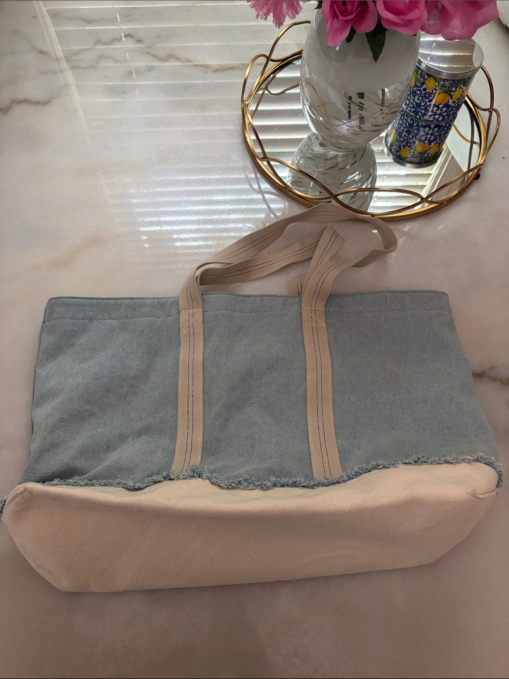 Canvas Two-Tone Tote Bag in Light Blue denim and tan